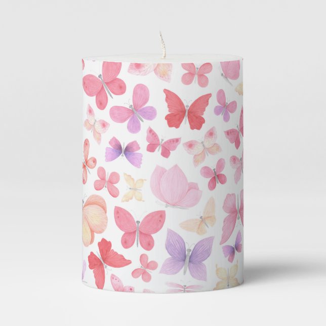 Pink Purple Yellow Butterflies Pillar Candle (Front)