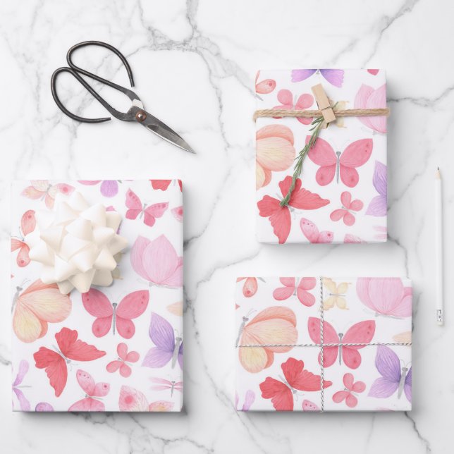 Pink Purple Yellow Butterflies  Wrapping Paper Sheets (Front)