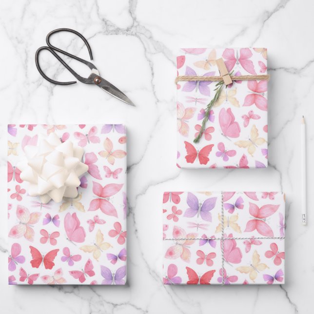Pink Purple Yellow Butterfly Baby Shower Birthday Wrapping Paper Sheets (Front)