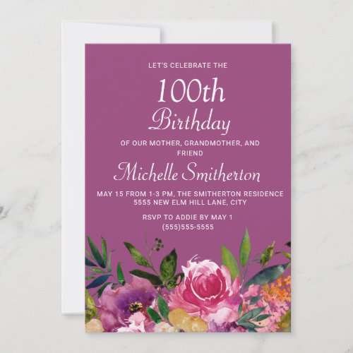 Pink Purple Yellow Floral 100th Birthday Invitation