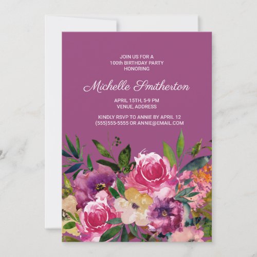 Pink Purple Yellow Floral 100th Birthday Invitation