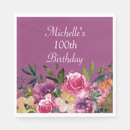 Pink Purple Yellow Floral 100th Birthday Napkins