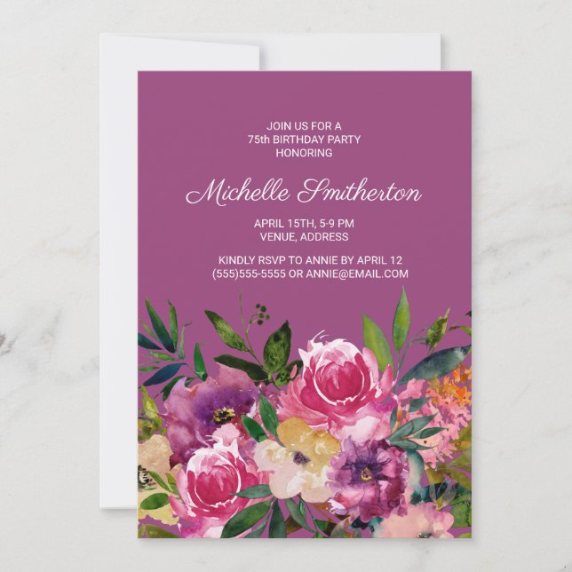 Pink Purple Yellow Floral 75th Birthday Invitation (Front)