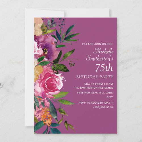 Pink Purple Yellow Floral 75th Birthday  Invitation