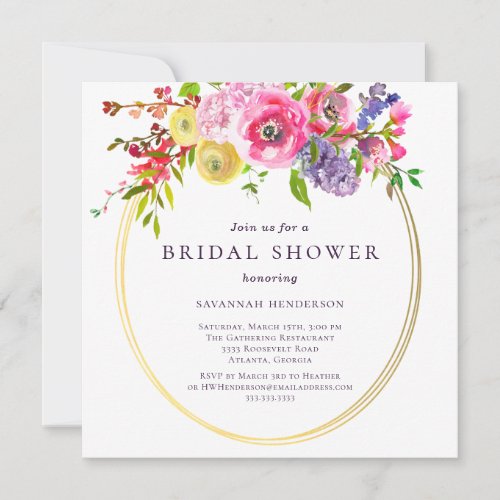 Pink Purple Yellow Floral Bouquet Bridal Shower  Invitation