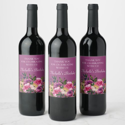 Pink Purple Yellow Floral Custom Birthday Guest Wine Label