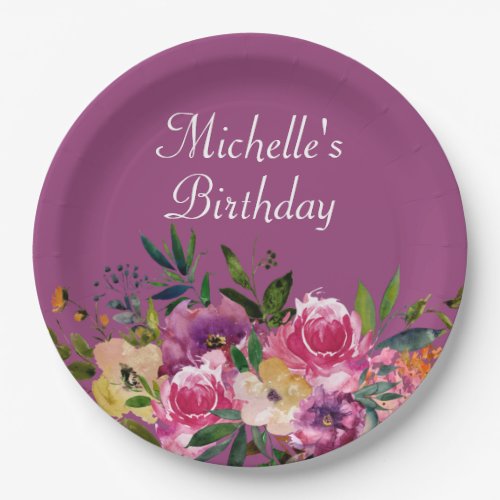 Pink Purple Yellow Floral Custom Birthday Name Paper Plates