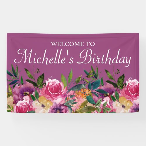 Pink Purple Yellow Floral Custom Birthday Welcome Banner