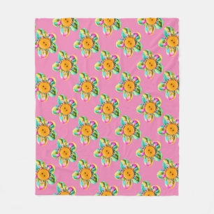 Pink, purple, yellow flowers on soft pink fleece blanket