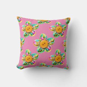 Pink, purple, yellow flowers on soft pink throw pillow