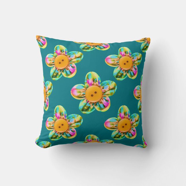 Pink, purple, yellow flowers on turquoise throw pillow (Front)