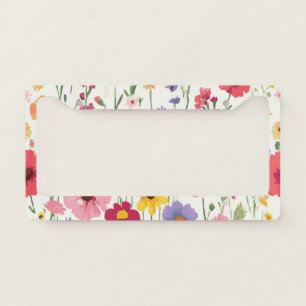 Pink, Purple & Yellow Flowers on White – Bright License Plate Frame