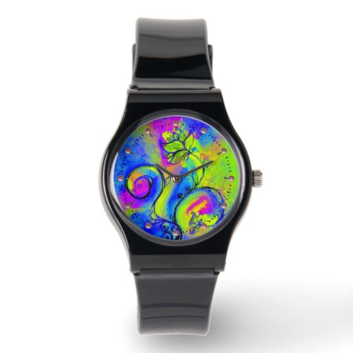 PINK PURPLE YELLOW GREEN WHIMSICAL FLOWERS WATCH