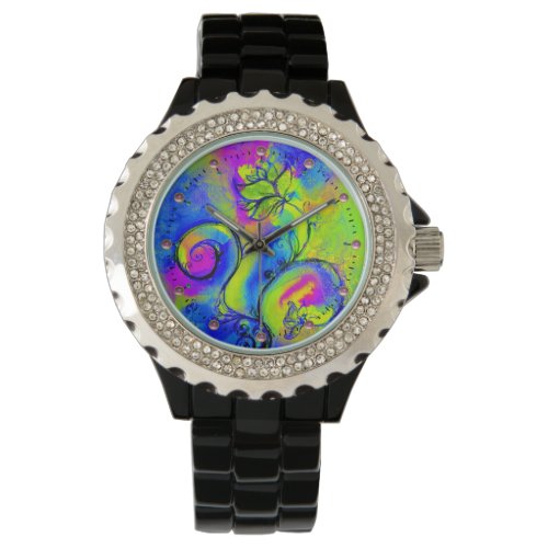 PINK PURPLE YELLOW GREEN WHIMSICAL FLOWERS WATCH