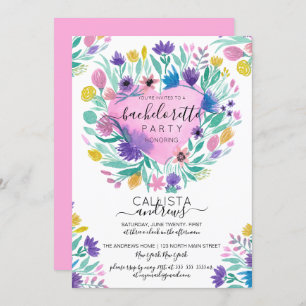 Pink Purple Yellow Heart Flowers Leaf Bachelorette Invitation