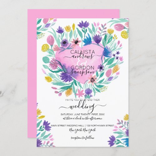 Pink Purple Yellow Heart Flowers Leaves Wedding Invitation
