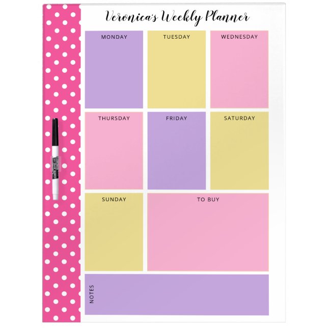 Pink Purple Yellow Polka Dot Weekly Planner Dry Erase Board (Front)