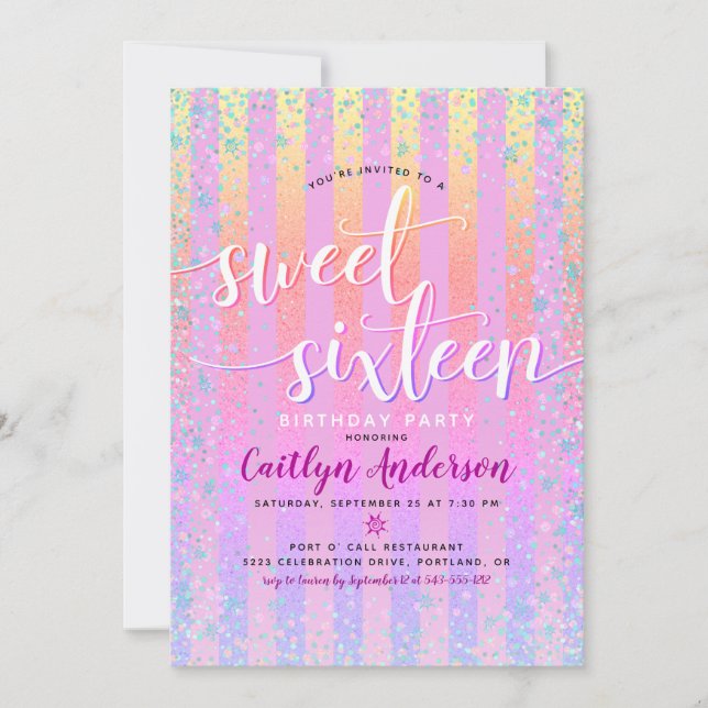 Pink Purple Yellow Sweet Sixteen Birthday Script Invitation (Front)
