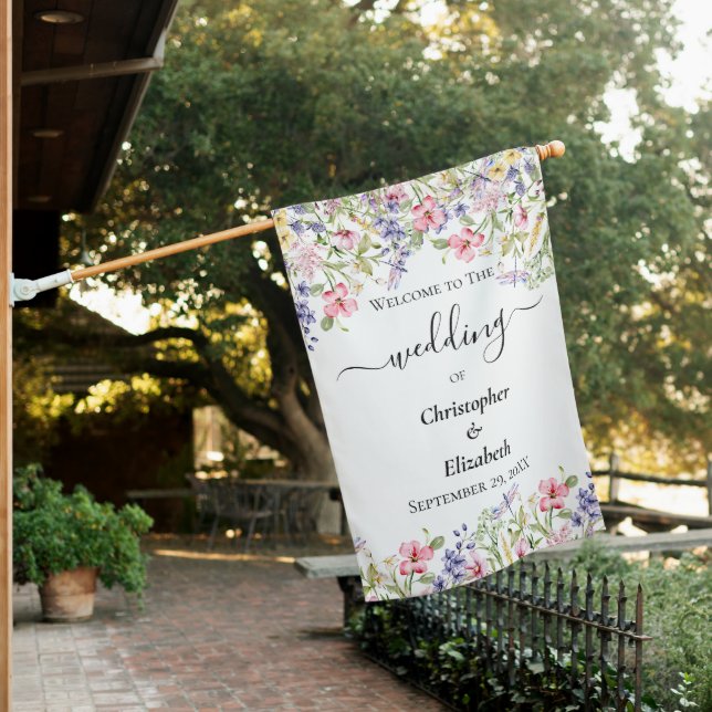 Pink Purple Yellow Wildflower Wedding Welcome Flag (In SItu)