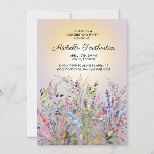 Pink Purple Yellow Wildflowers 100th Birthday Invitation