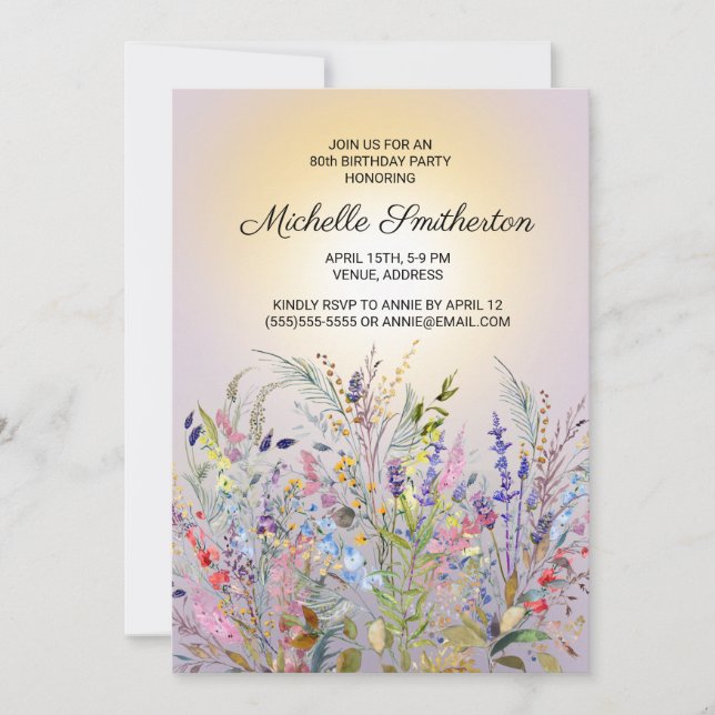 Pink Purple Yellow Wildflowers 80th Birthday Invitation (Front)