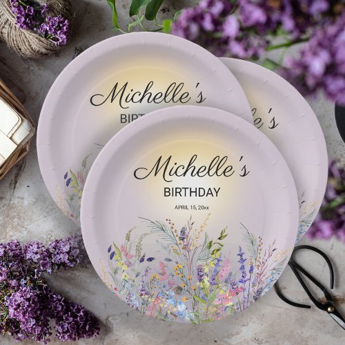 Pink Purple Yellow Wildflowers Birthday Name Date Paper Plates