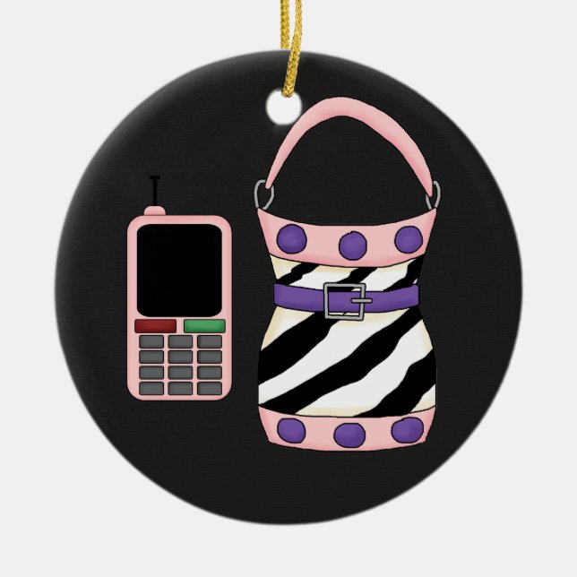Pink Purple Zebra Stripe Purse and Pink Cell Phone Ceramic Ornament (Front)