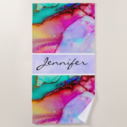 Pink PurpleTurquoise Marble Abstract Watercolor Beach Towel