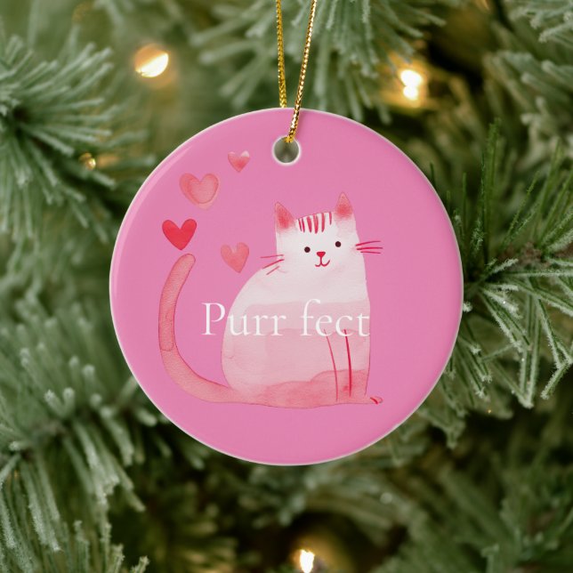 Pink Purrfect Cat  Ceramic Ornament (Tree)