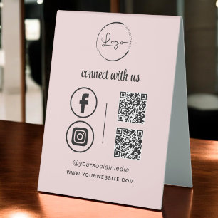 Pink QR Connect With Us Business Logo Social Media Table Tent
