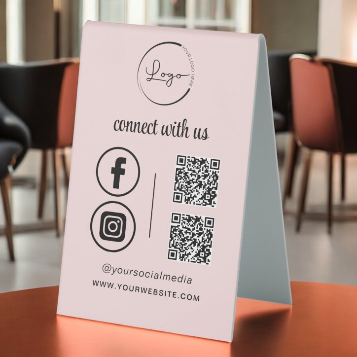 Pink QR Connect With Us Business Logo Social Media Table Tent Sign