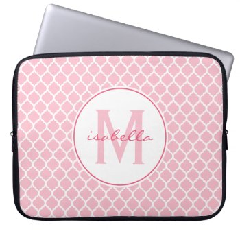 Pink Quatrefoil Monogram Laptop Sleeve by snowfinch at Zazzle