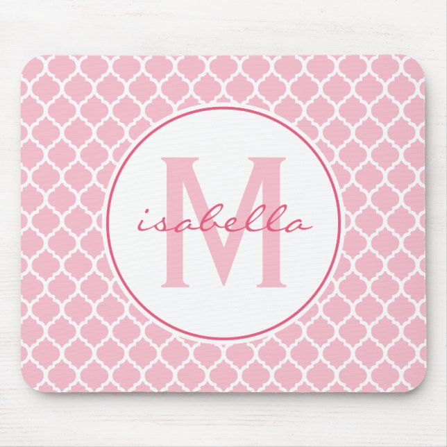 Pink Quatrefoil Monogram Mouse Pad (Front)