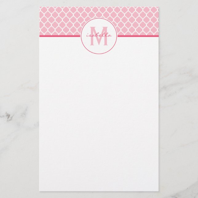 Pink Quatrefoil Monogram Stationery (Front)