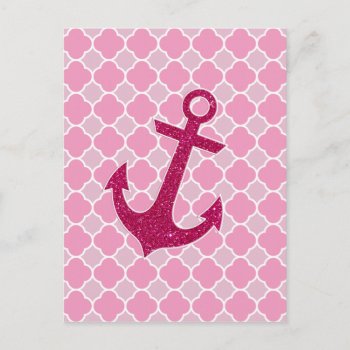Pink Quatrefoil Pattern Glitter Sparkles Anchor Postcard by RosaAzulStudio at Zazzle