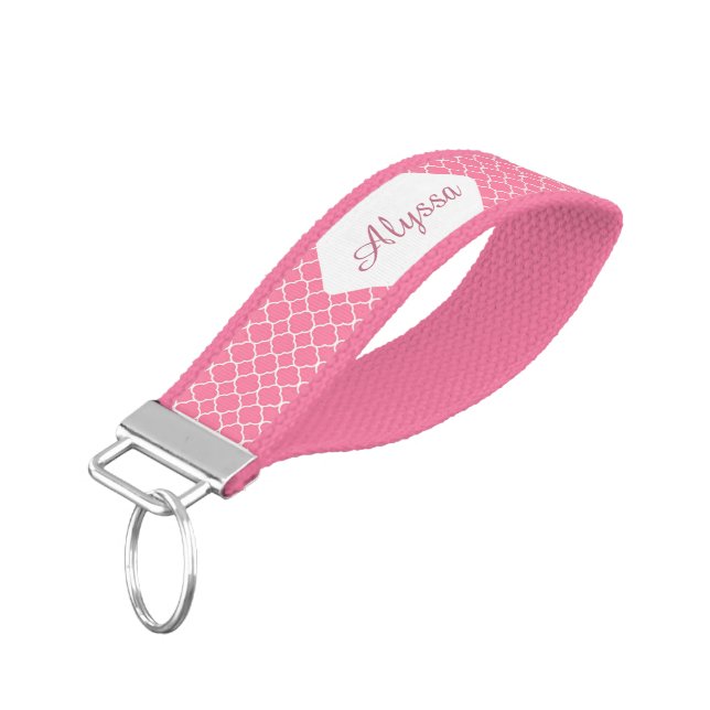 Pink Quatrefoil Pattern Personalized Wrist Keychain (Angled Down)