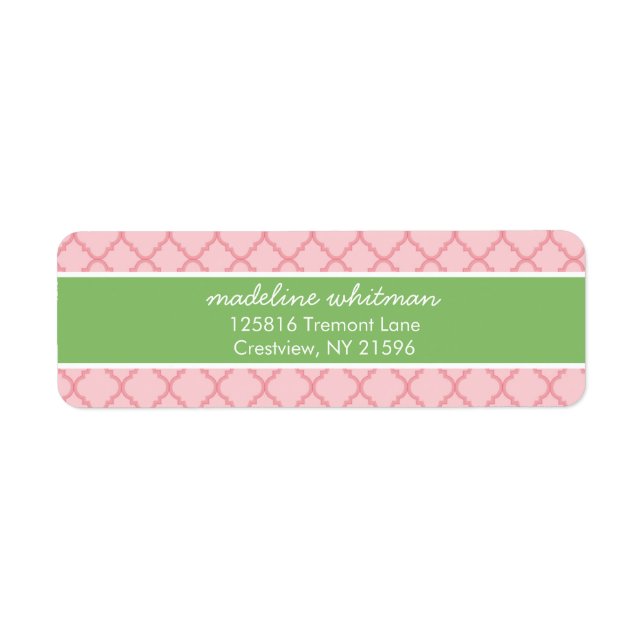 Pink Quatrefoil | Pink and Green Preppy Address Label (Front)
