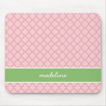 Pink Quatrefoil | Pink And Green Preppy Mouse Pad by NoteworthyPrintables at Zazzle