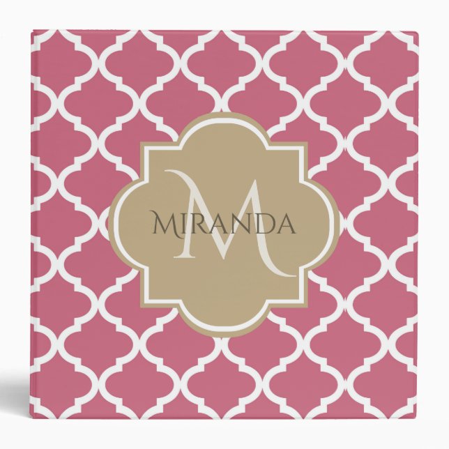 Pink Quatrefoil With Girly Monogram and Name 3 Ring Binder (Front)