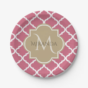 Pink Quatrefoil With Girly Monogram and Name Paper Plates