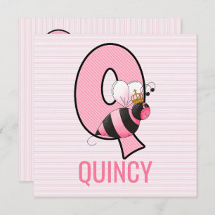 Pink Queen Bee Letter Q Kids Birthday Party Invitation