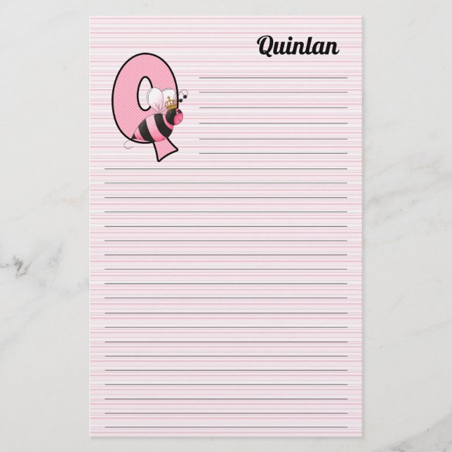 Pink Queen Bee Mongram Letter Q Lined Stationery (Front)
