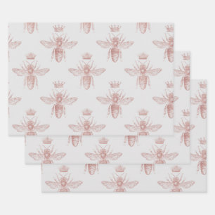 Pink Queen Bees on White Decoupage Wrapping Paper Sheets