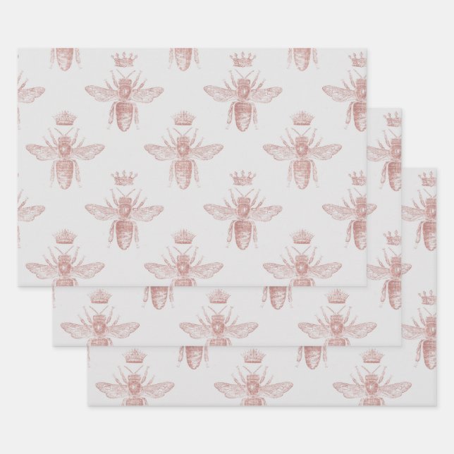 Pink Queen Bees on White Decoupage Wrapping Paper Sheets (Set)