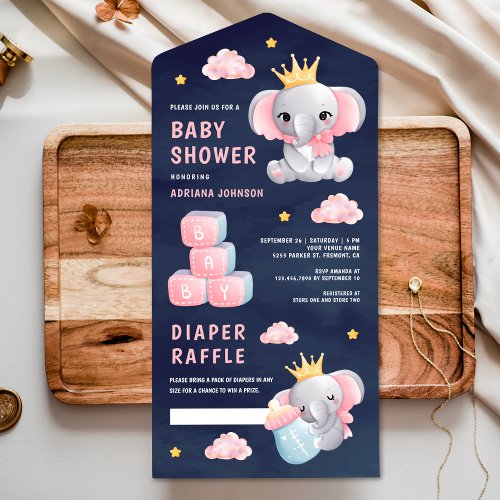 Pink Queen Elephant Girl Navy Blue Baby Shower All In One Invitation