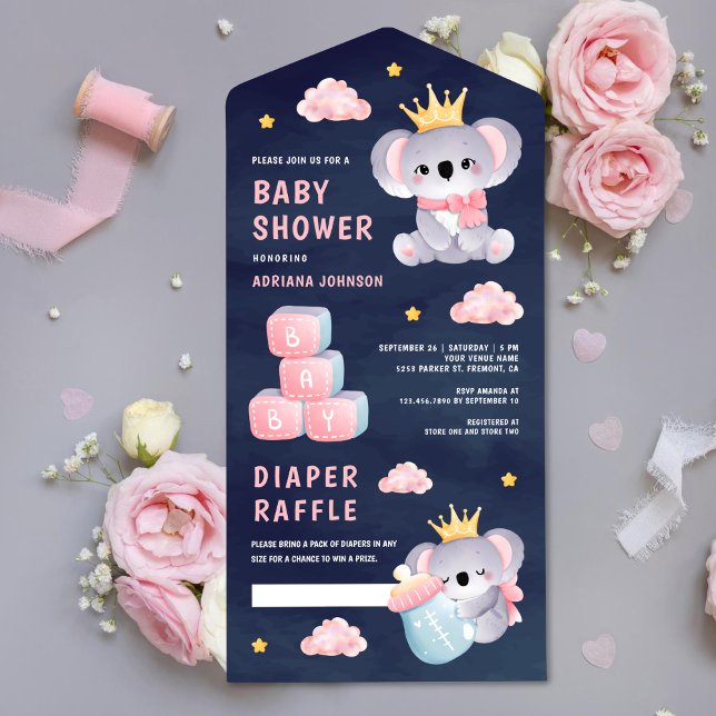 Pink Queen Koala Bear Girl Navy Blue Baby Shower All In One Invitation (Creator Uploaded)