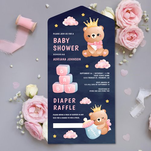 Pink Queen Teddy Bear Girl Navy Blue Baby Shower All In One Invitation