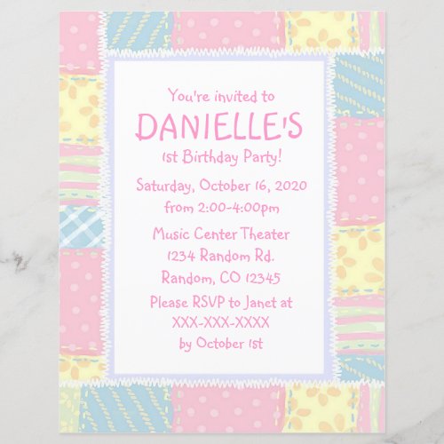 Pink quilt girls theme birthday party invitations