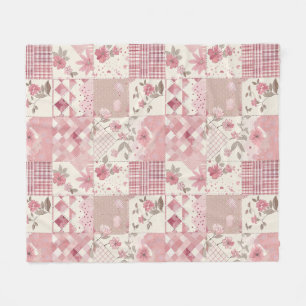 Pink Quilt Patchwork Gingham Cottagecore Floral Fleece Blanket