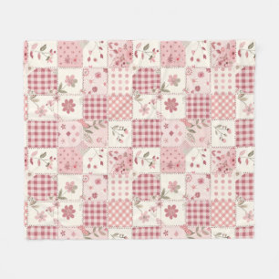 Pink Quilt Patchwork Gingham Cottagecore Floral Fleece Blanket